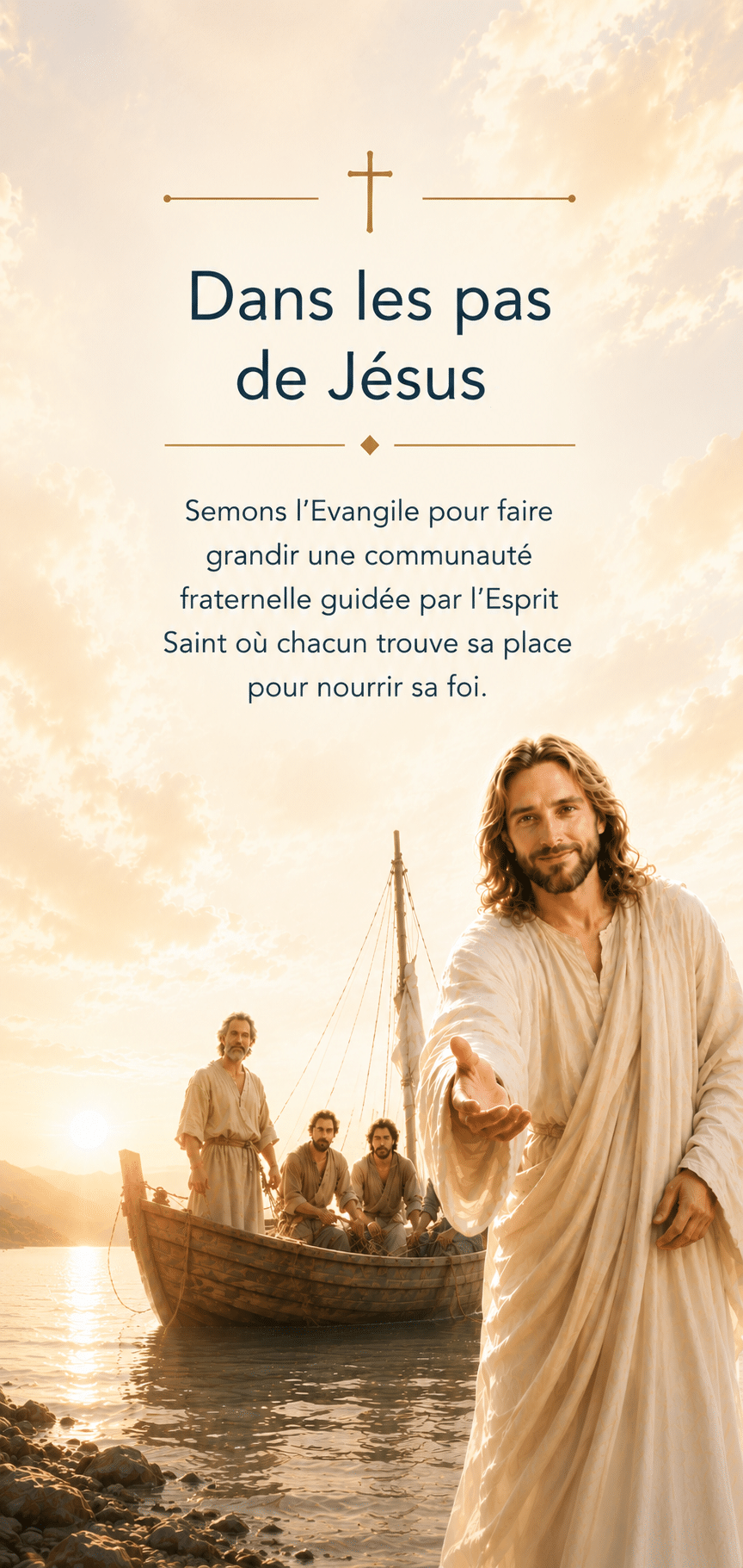 Jesus nous accueil et les apôtres sur une barque